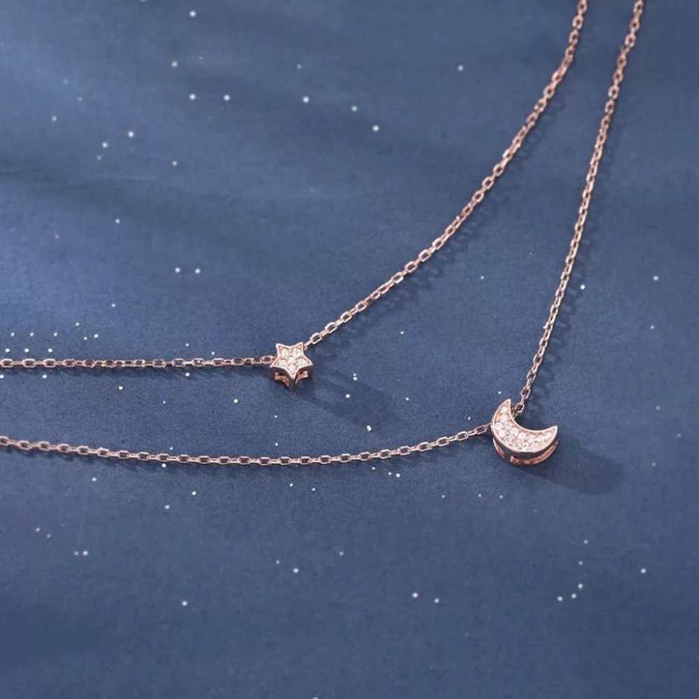 New Sterling Silver Layered Star & Moon Necklace - Picture 4 of 4